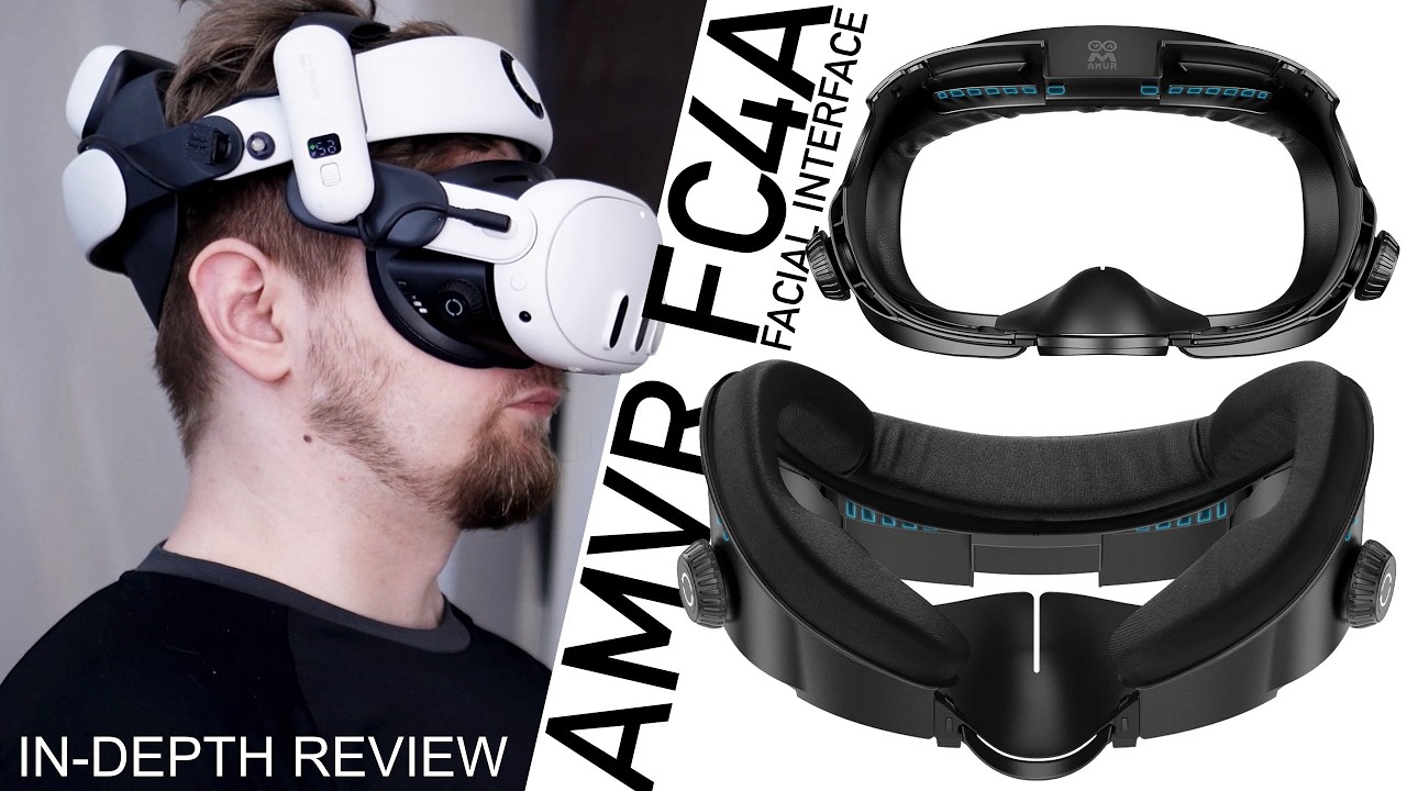 Thomas wearing a Quest 3 with a fan-equipped halo strap beside front and rear views of the AMVR FC4A facial interface