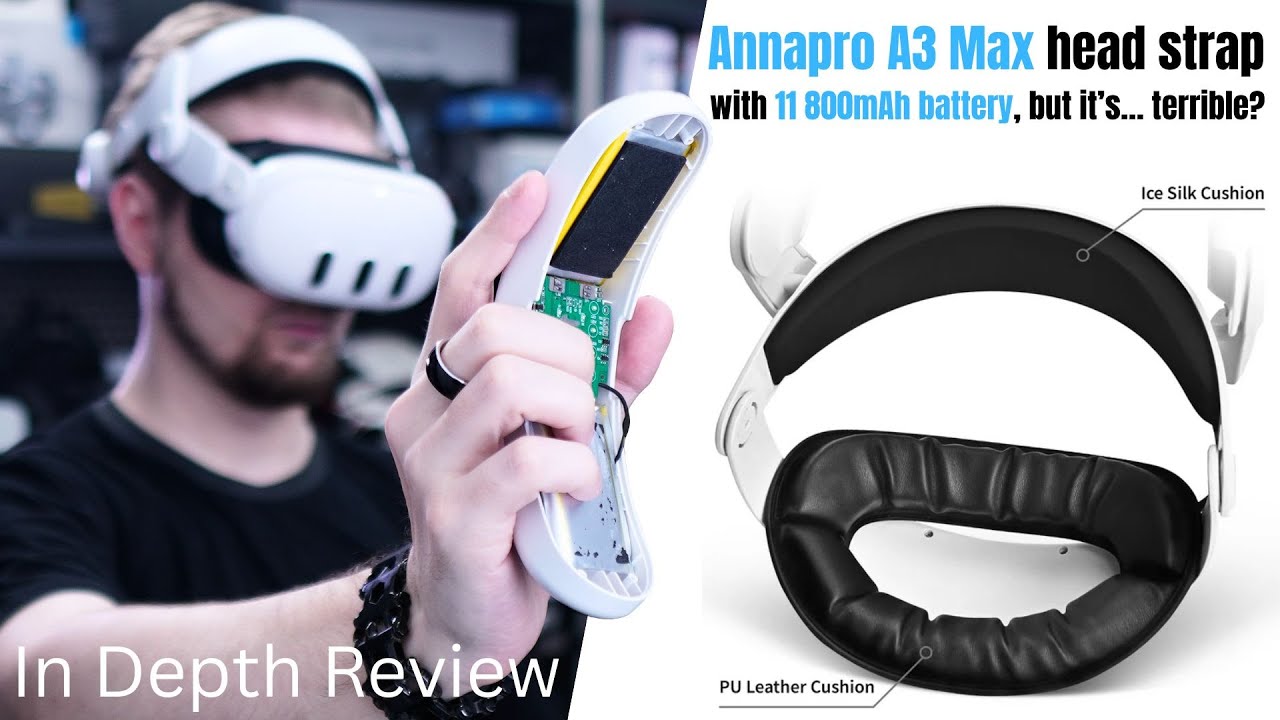 Thomas wearing the Annapro A3 Max while holding an opened battery beside product images of the head strap and its forehead cushions