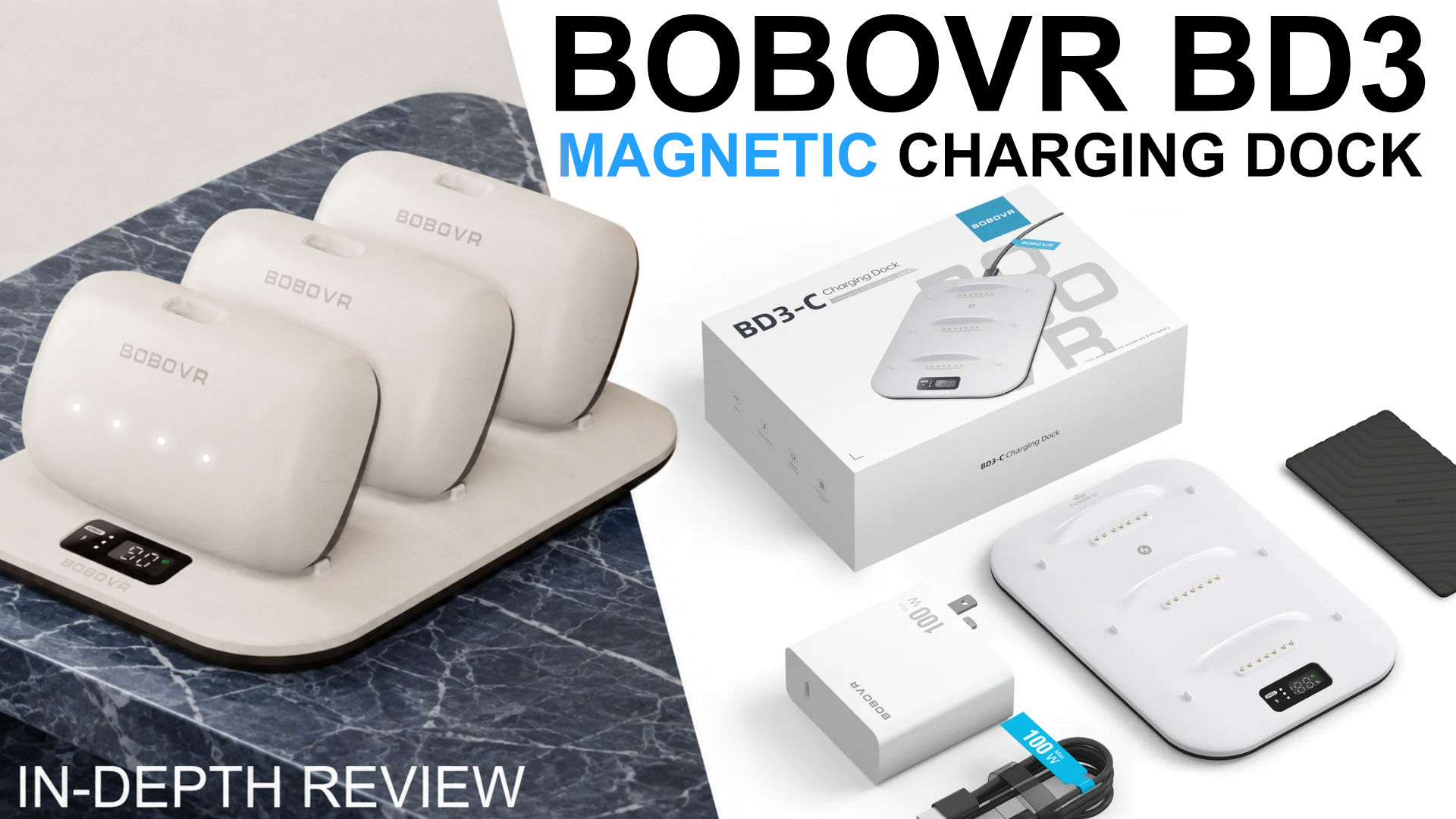 The BOBOVR BD3 charging dock holding three B100 batteries in the review video