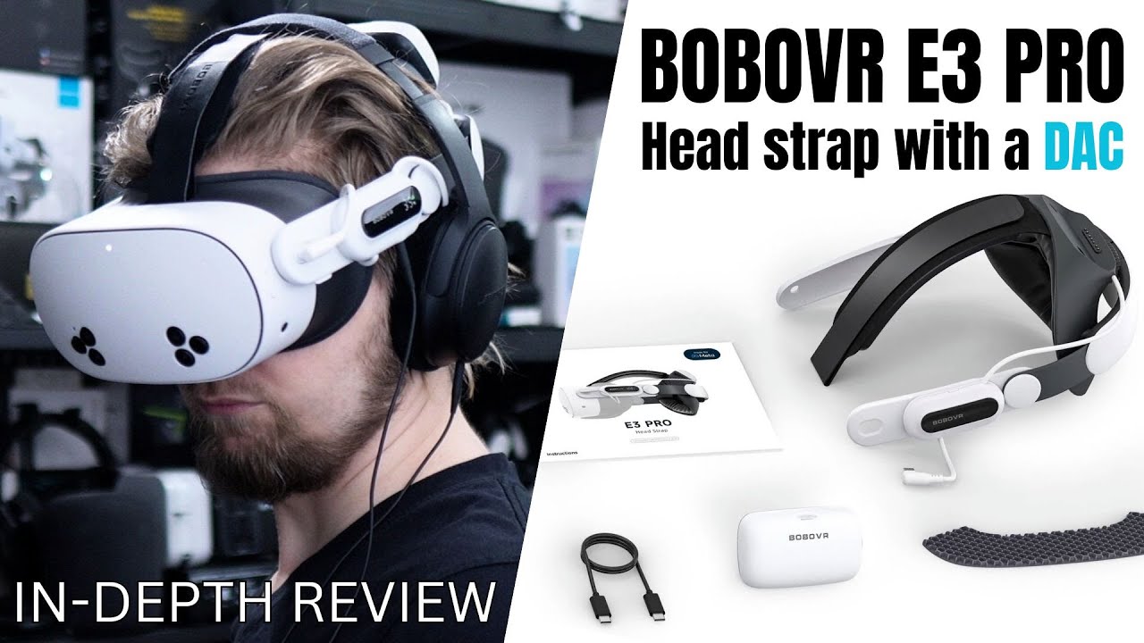 Thomas wearing a Quest headset and wired headphones beside the BOBOVR E3 Pro strap, battery and included accessories