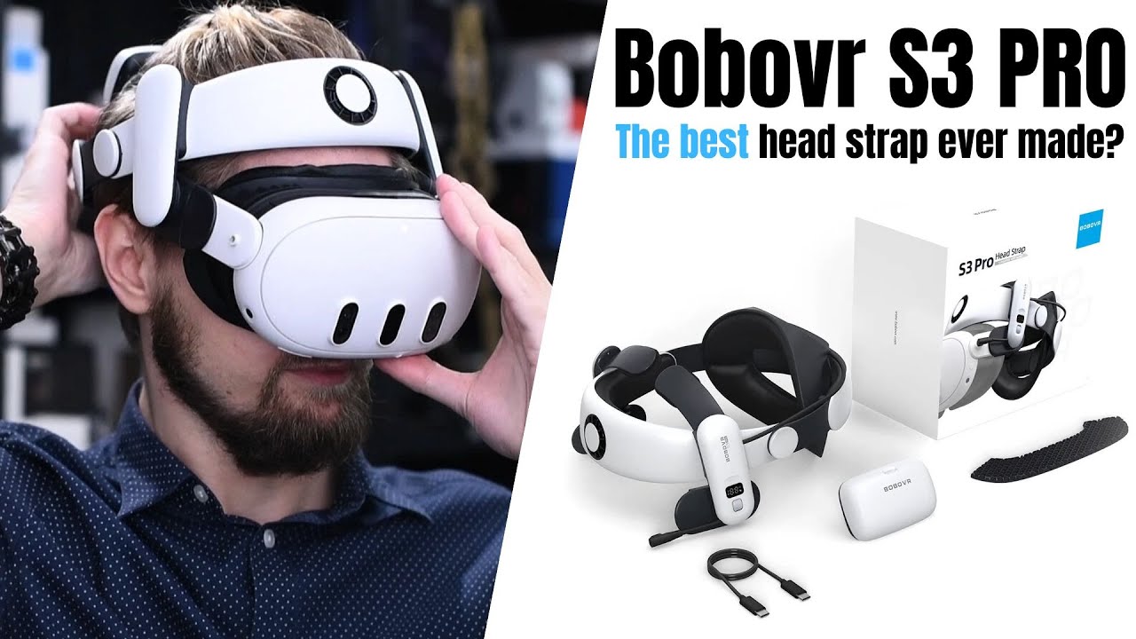 BOBOVR S3 Pro head strap installed on a Quest headset beside the product box and battery